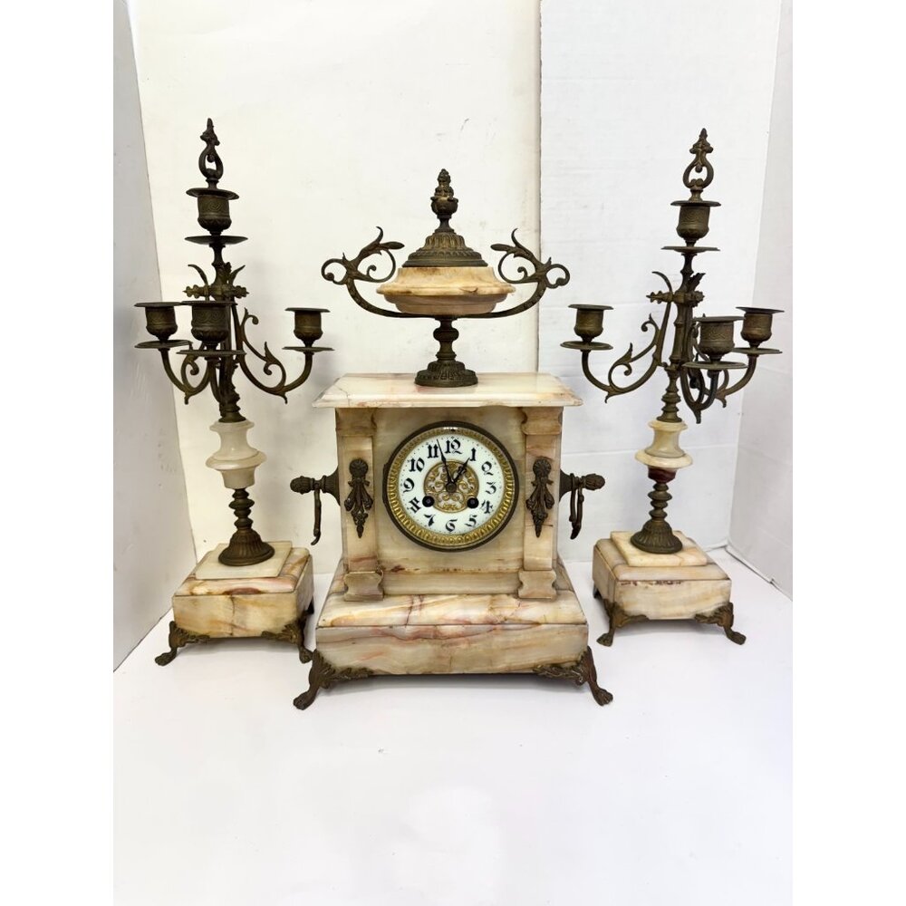 Antique Japy Freres French White Onyx Stone Mantle Clock with Two Candelabras